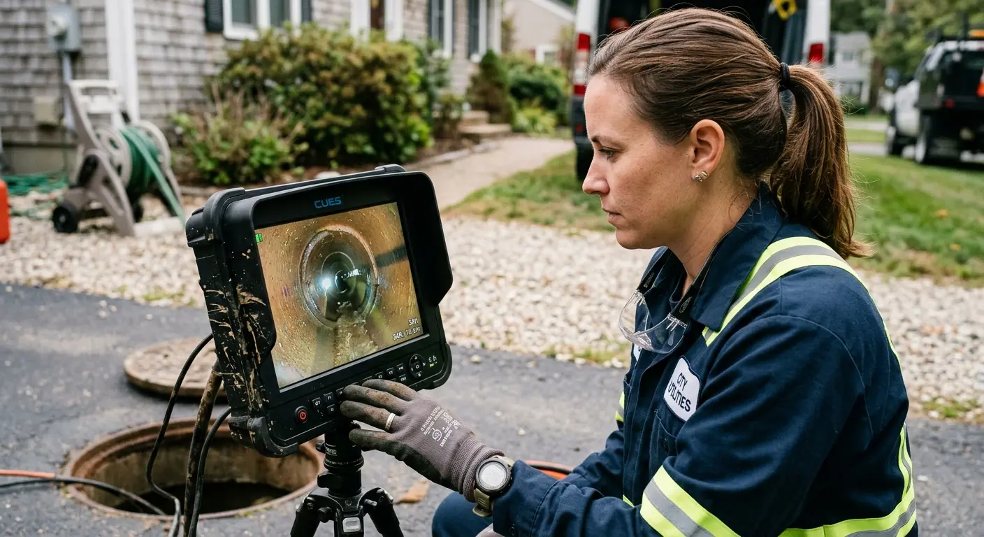 Technician reviewing sewer camera inspection footage in Erlanger