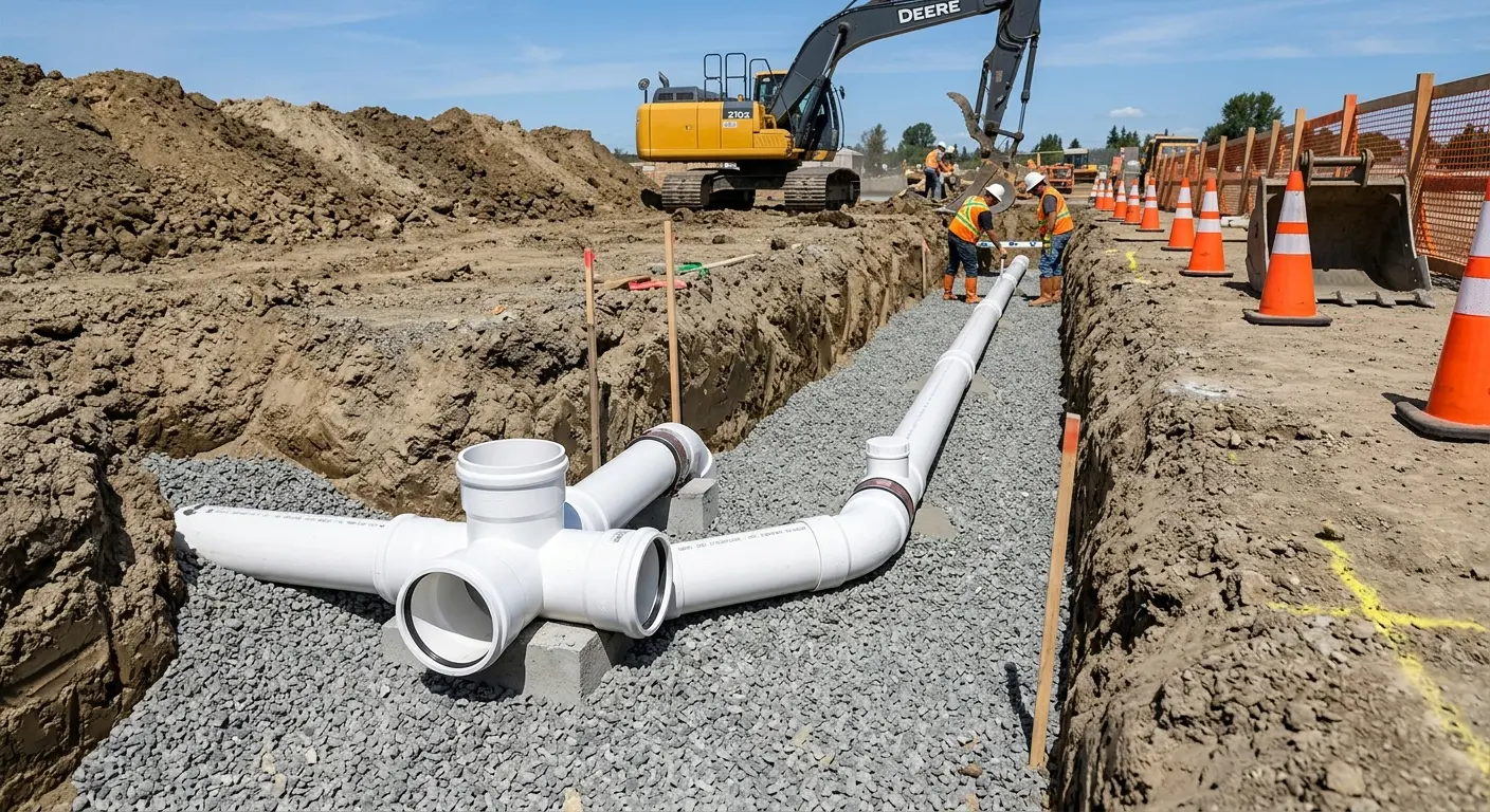 New PVC sewer pipe installation in open trench for Sewer Backup in Erlanger
