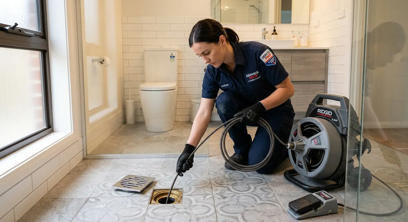 Technician clearing a bathroom floor drain for Sewer Line Installation in Erlanger